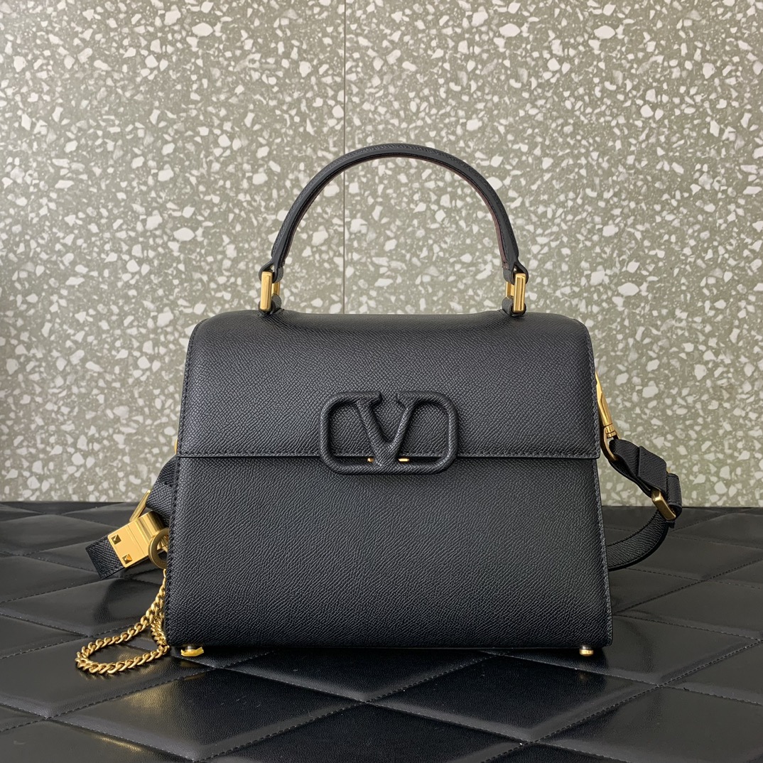 Valentino Garavani Vsling Medium Handbag in Black Grainy Calfskin 